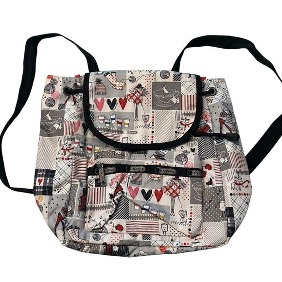 Le‎ Sport Sac Mini Backpack Parisian Warm Wishes Print White Red Artsy Twee Bag - Picture 1 of 6